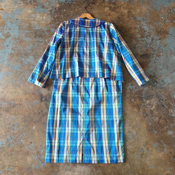 Vintage 60s Style Plaid Midi Dress and Jacket Set Plus Size 1X Blue Gold Satin - Picture 5 of 14